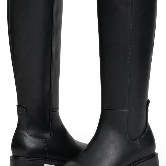 Elegant Black Faux Leather Knee High Boots with Low Heels and Side Zipper - Picture 2 of 7